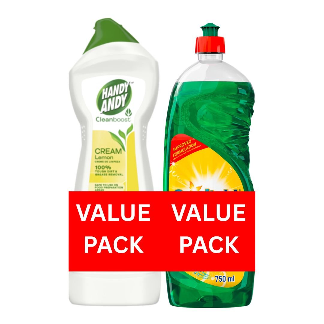 Handy Andy Multipurpose Cleaning Cream Bottle Lemon + Sunlight Lemon 100 Dishwashing Liquid Bottle Value Pack Banded 2x750ml