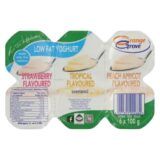 Orange Grove Smooth Strawberry , Tropical And Peach Apricot Flavoured Low Fat Yoghurt 6x100gr